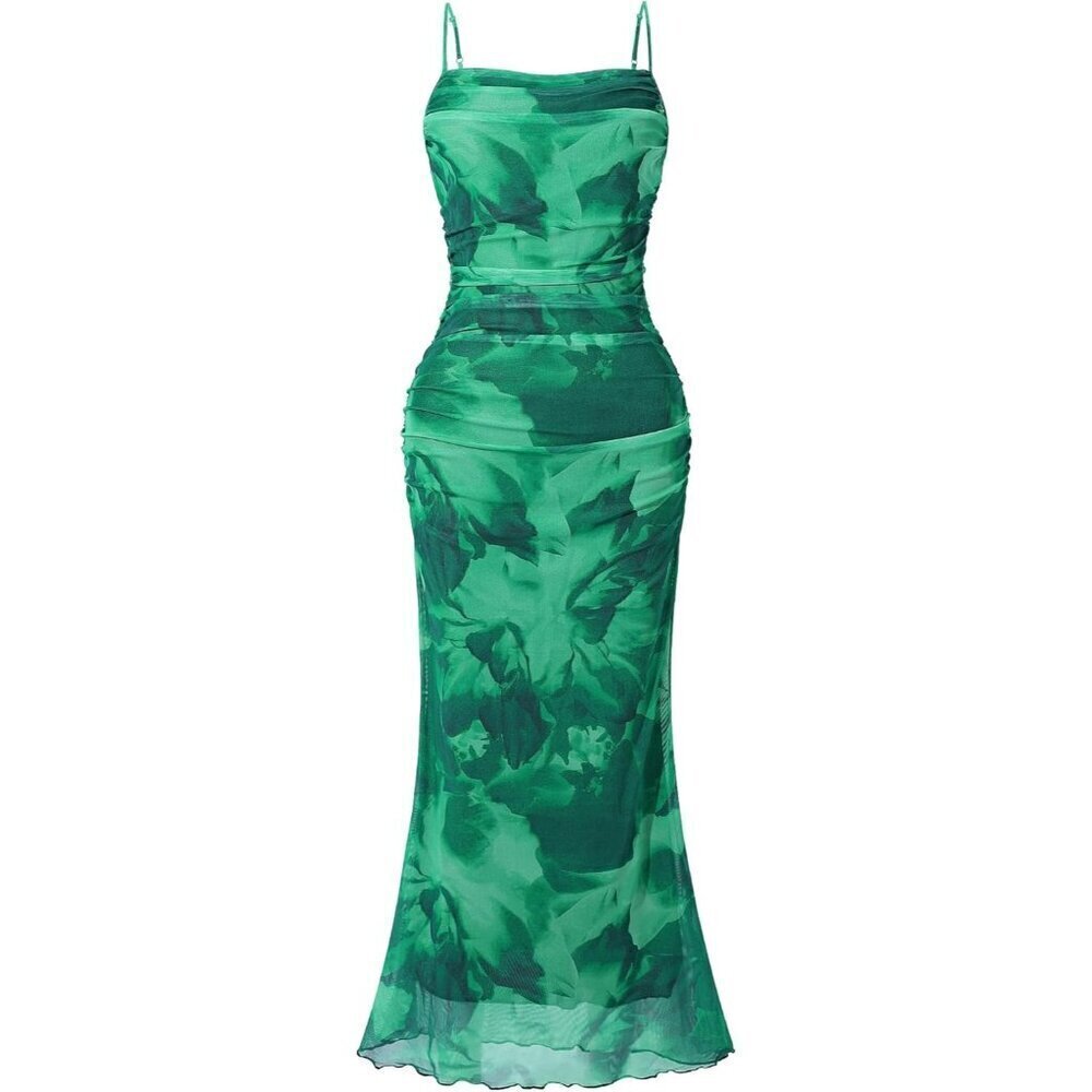 🆕 Women Green Mesh Sexy Cami Long Dresses Floral Slip Maxi RuchedSummer Bodycon